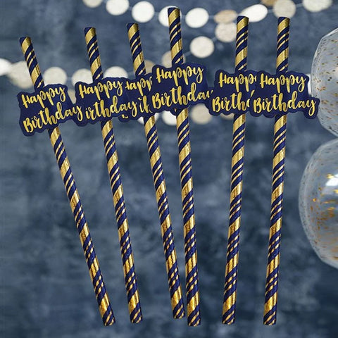 Navy & Gold Happy Birthday Paper Straws - MrPRICE.online
