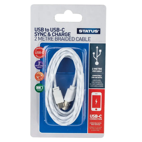 USB A to C 2M Cable – White & Silver - MrPRICE.online